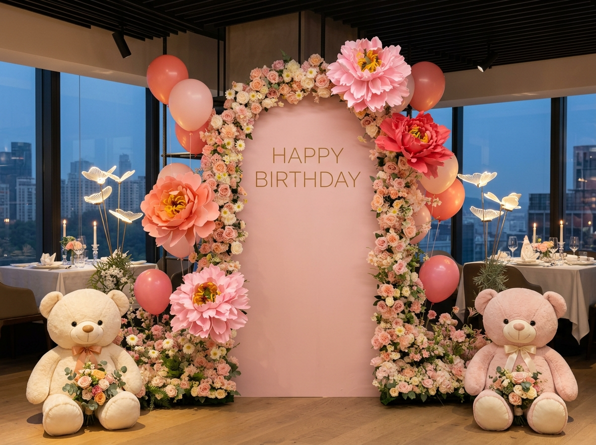 자이언트 플라워로 꾸민 생일파티 포토존 - 프라이빗 파티 장식 연출